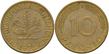 ФРГ 10 пфеннигов 1978 G J. 383, KM 108 сталь плакированная латунью    4603-443