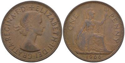 Великобритания 1 пенни 1966 Елизавета II (1952-2022) KM 897, Spink 4157 бронза 4607-1134