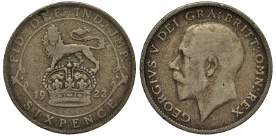 Великобритания 6 пенсов 1922 Георг V (1910-1936) KM 815а.1, Spink 4024 серебро 4539-123