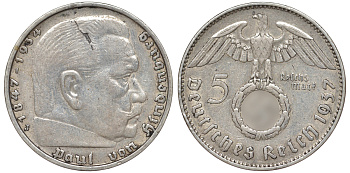Германия 5 рейхсмарок 1937 J, Гинденбург КМ 94 J.367 серебро 36-245
