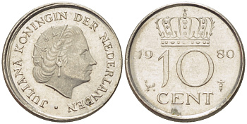 Нидерланды 10 центов 1980 Юлиана (1949-1980) KM 182 никель aUNC 4396-519