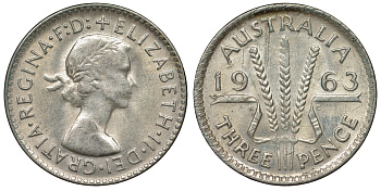 Австралия 3 пенса 1963 m, Елизавета II (1952-2022) KM 57 серебро 71-911