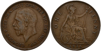 Великобритания 1 пенни 1936 Георг V (1910-1936) KM 838, Spink 4055 бронза 4599-242