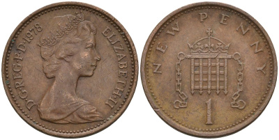 Великобритания 1 пенни 1978 Елизавета II (1952-2022) KM 915, Spink 4237 (B1) бронза 4115-712