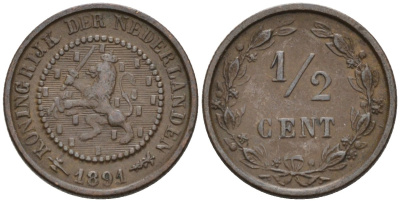 Нидерланды 1/2 цента 1891 Вильгельмина (1890-1948) KM 109 бронза 4576-269