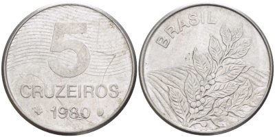 БРАЗИЛИЯ 5 КРУЗЕЙРО 1980 РЕФОРМА 1967-1985, КОФЕ KM 591 нержавеющая сталь 4384-1245