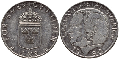 Швеция 1 крона 1980 Карл XVI Густав (1973- ) KM 852 медь плакированная медно-никелем 4397-934