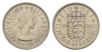Великобритания 1 шиллинг 1966 Елизавета II (1952-2022), Английский герб KM 904, Spink 4147 медно-никель UNC 4121-851
