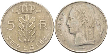 БЕЛЬГИЯ 5 ФРАНКОВ 1961 BELGIE, БОДУЭН I (1951-1993) KM 135.1 медно-никель 119-754