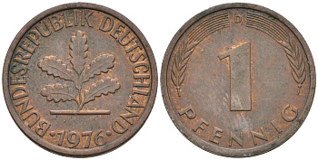 ФРГ 1 ПФЕННИГ 1976 D KM105, J.380 сталь плакированная медью 75-422