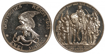 Пруссия 2 марки 1913 A, Вильгельм II (1888-1918), 100 лет победы над Наполеоном J.109, Weege 109, KM 532 серебро PROOF 00-817-53