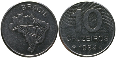 Бразилия 10 крузейро 1984 KM 592.1, Schon 101 нержавеющая сталь 4514-1234