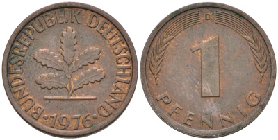 ФРГ 1 ПФЕННИГ 1976 D KM105, J.380 сталь плакированная медью 75-422
