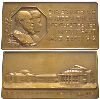 Германия, Вюртемберг плакетка в память открытия королевского театра оперы и балета в Штутгарте 1912 в оригинальной коробке, размер 80x40 мм, вес 78,22 гр  бронза 11-129-21-1