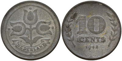 Нидерланды 10 центов 1942 Вильгельмина I (1890-1948), германская оккупация, Вторая мировая война KM 173 цинк 4148-756