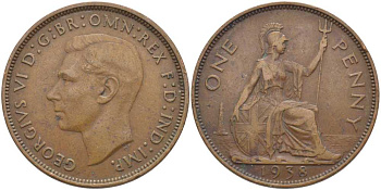 Великобритания 1 пенни 1938 Георг VI (1936-1952) КМ 845, Spink 4114 бронза 115-342