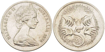 АВСТРАЛИЯ 5 ЦЕНТОВ 1974 ЕЛИЗАВЕТА II, МОЛОДОЙ ПОРТРЕТ, ЕХИДНА KM 64 медно-никель 100-1219