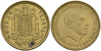 Испания 1 песета 1966 (73) Франсиско Франко (1939-1975) KM 796 алюминиевая бронза 4604-142