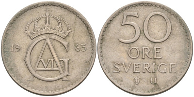 Швеция 50 эре 1963 U, Густав VI Адольф (1950-1973) KM 837 медно-никель 4380-442