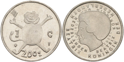 Нидерланды 1 гульден 2001 прощай гульден, детский рисунок, лев с флагом в руках KM 233 никель 4141-143