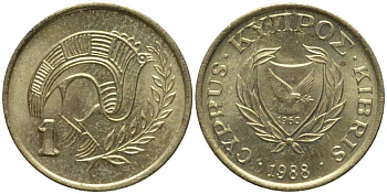КИПР 1 ЦЕНТ 1988 ПТИЧКА KM 53.2 никель латунь 4549-1217