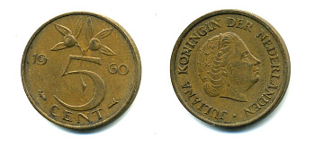 НИДЕРЛАНДЫ 5 ЦЕНТОВ 1960 ЮЛИАНА KM 181 бронза 76-424