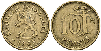 Финляндия 10 пенни 1963 KM 46 алюминиевая бронза 4585-928