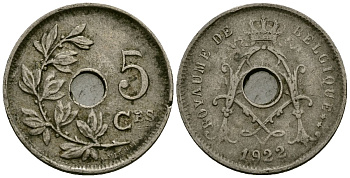 Бельгия 5 сантимов 1922 Belgique KM 66 медно-никель 4173-239