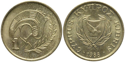 КИПР 1 ЦЕНТ 1988 ПТИЧКА KM 53.2 никель латунь 4549-1217