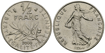 Франция 1/2 франка 2000 сеятель KM 931 никель 4135-744