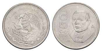 Мексика 50 песо 1988 Mo, новый тип, гурт гладкий KM 495a нержавеющая сталь aUNC 4637-751