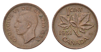 Канада 1 цент 1951 Георг VI (1936-1952), кленовый лист KM 41 бронза 4679-652