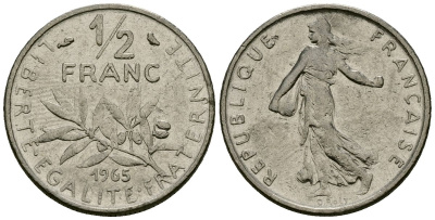 Франция 1/2 франка 1965 сеятель KM 931, Le Franc 198.3 никель 4135-646