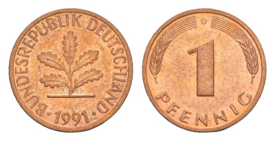 Германия 1 пфенниг 1991 D KM 105, J.380 сталь плакированная медью aUNC 4630-1233