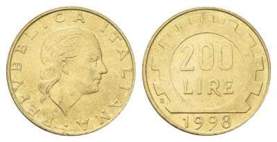 Италия 200 лир 1998 R, шестерня KM 105 алюминиевая бронза 4704-934