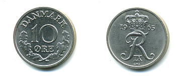Дания 10 эре 1965 C;S, Фредерик IX (1947-1972) КМ 849.1 медно-никель 71-1539