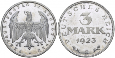 Германия 3 марки 1922 E, третья годовщина Веймарской конституции KM 29, J. 303 алюминий PROOF 00-814-30