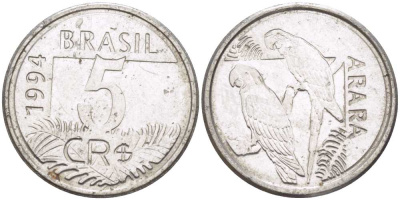 БРАЗИЛИЯ 5 КРУЗЕЙРО РЕАЛ 1994 РЕФОРМА 1993-1994, ПОПУГАИ АРА KM 627 нержавеющая сталь 4388-255