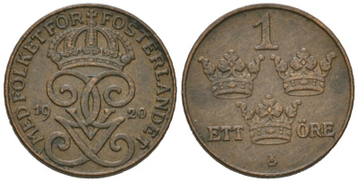 Швеция 1 эре 1920 Густав V (1907-1950) KM 777.2 бронза 4611-347