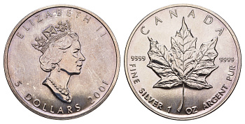 Канада 5 долларов 2001 Кленовый лист, Елизавета II KM 187 серебро BU 413-4531