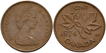 Канада 1 цент 1974 Елизавета II (1952-2022), кленовый лист KM 59.1 бронза 4189-869