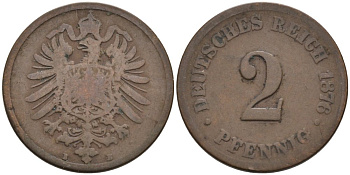 Германия 2 пфеннига 1876 B, старогербовка KM 2, J. 2 медь 4575-714