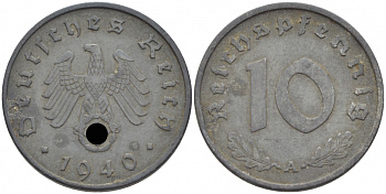 ГЕРМАНИЯ 10 РЕЙХСПФЕННИГОВ 1940 A, KM 101, J. 371 цинк 110-252