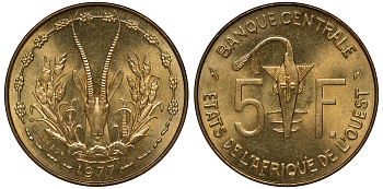 Западно-Африканские штаты 5 франков 1977 KM 2a алюминий никель бронза UNC M52-17