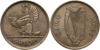 Ирландия 1 пенни 1941 курица с цыплятами KM 11 бронза 4127-513