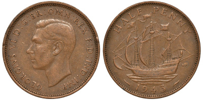 Великобритания 1/2 пенни 1943 Георг VI (1936-1952) KM 844, Spink 4115 бронза 4163-555