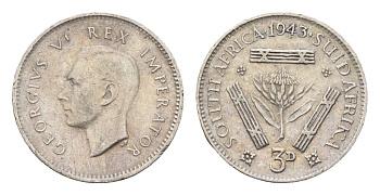 ЮАР 3 пенса 1943 Георг VI (1936-1952) KM 26 серебро 4549-218
