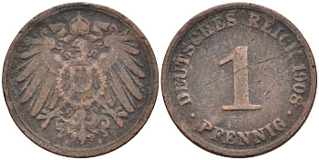 ГЕРМАНИЯ 1 ПФЕННИГ 1908 А KM 10, J 10 медь 4588-334