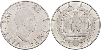 ИТАЛИЯ 2 ЛИРЫ 1939 R, ГОД XVIII, ВИКТОР ЭММАНУИЛ III (1900-1946), МАГНИТНАЯ, ГУРТ РИФЛЁНЫЙ KM 78b, VEM3. 1152 нержавеющая сталь 3855-225