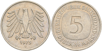 ФРГ 5 марок 1975 G, монетный двор Карлсруэ КМ 140.1, J. 415 медно-никель плакированный никелем 4607-142
